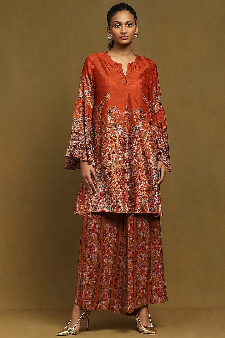 Rust Silk Printed Kurta Set by Ritu Kumar