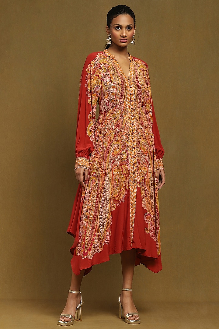 Red & Multi-Colored Viscose Printed Summer Dress by Ritu Kumar at Pernia's Pop Up Shop