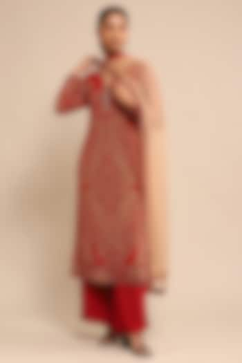 Racy Red & Khaki Viscose Aari Hand Embroidered Kurta Set by Ritu Kumar