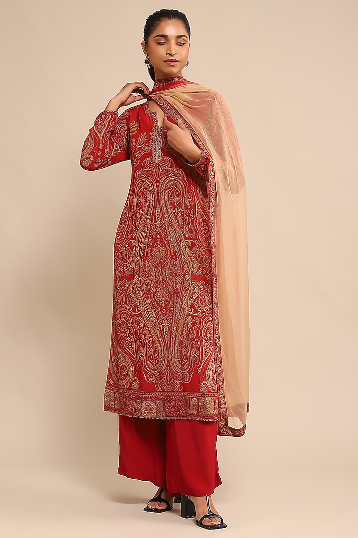 Racy Red & Khaki Viscose Aari Hand Embroidered Kurta Set by Ritu Kumar