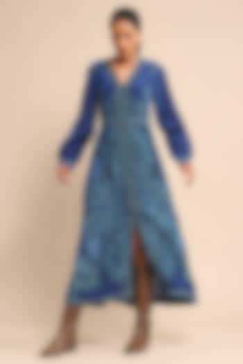 Royal blue & Turquoise Viscose Printed Vacation Dress by Ritu Kumar at Pernia's Pop Up Shop