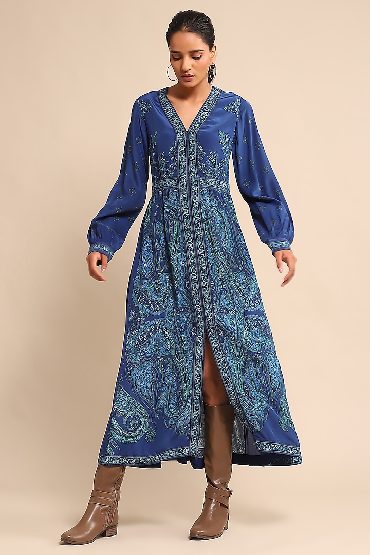 Royal blue & Turquoise Viscose Printed Vacation Dress by Ritu Kumar at Pernia's Pop Up Shop