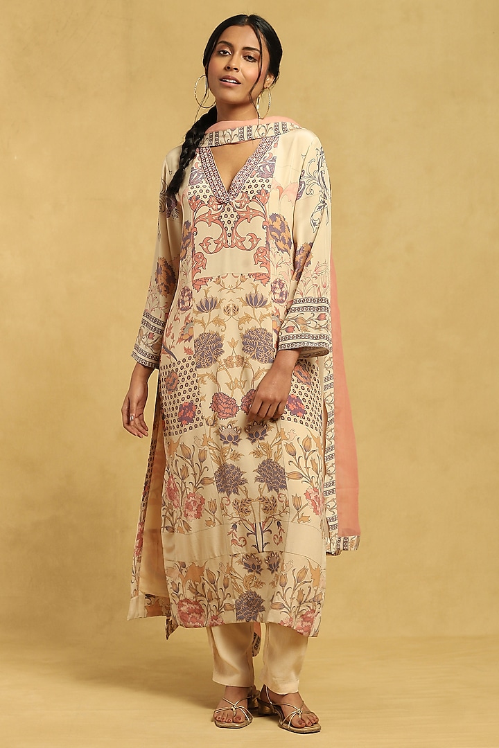 Ecru Viscose Embroidered Kurta Set by Ritu Kumar