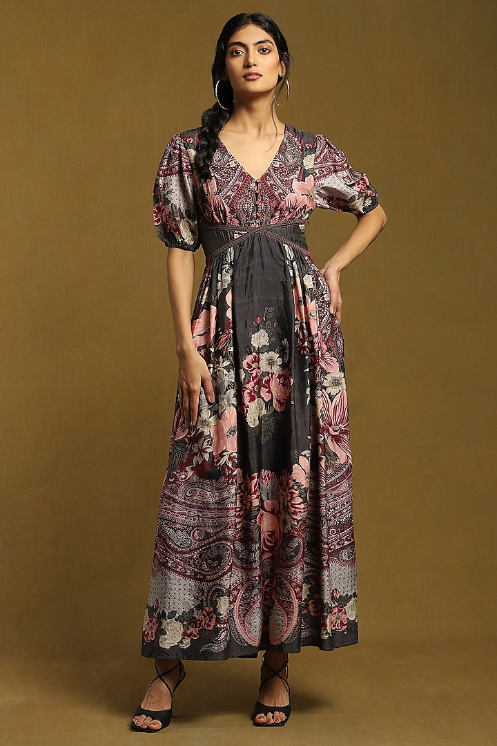 Charcoal Grey Silk Printed Semi-Fitted Dress by Ritu Kumar at Pernia's Pop Up Shop