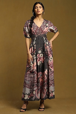 Charcoal Grey Silk Printed Semi-Fitted Dress by Ritu Kumar