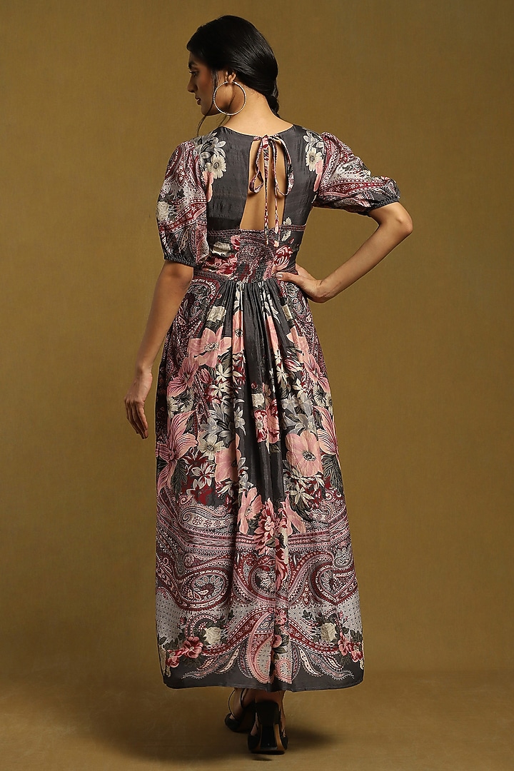 Charcoal Grey Silk Printed Semi-Fitted Vacation Dress by Ritu Kumar at Pernia's Pop Up Shop