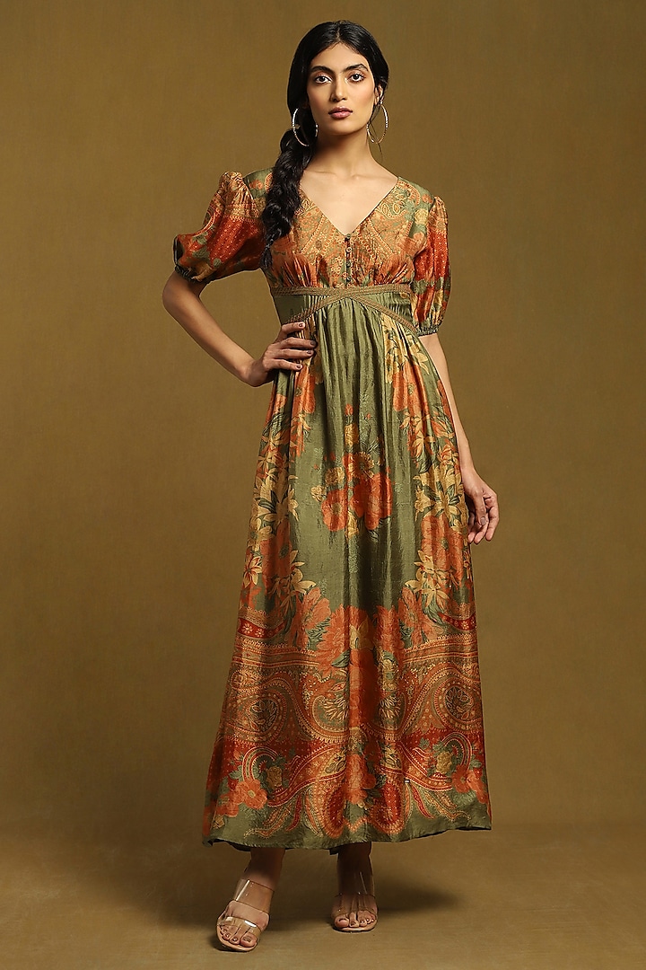 Olive Green Silk Printed Semi-Fitted Dress by Ritu Kumar at Pernia's Pop Up Shop