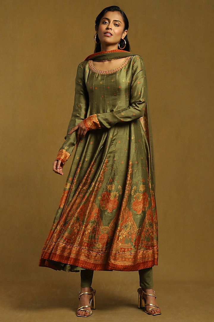 Olive Green Viscose Embroidered Anarkali Kurta Set by Ritu Kumar