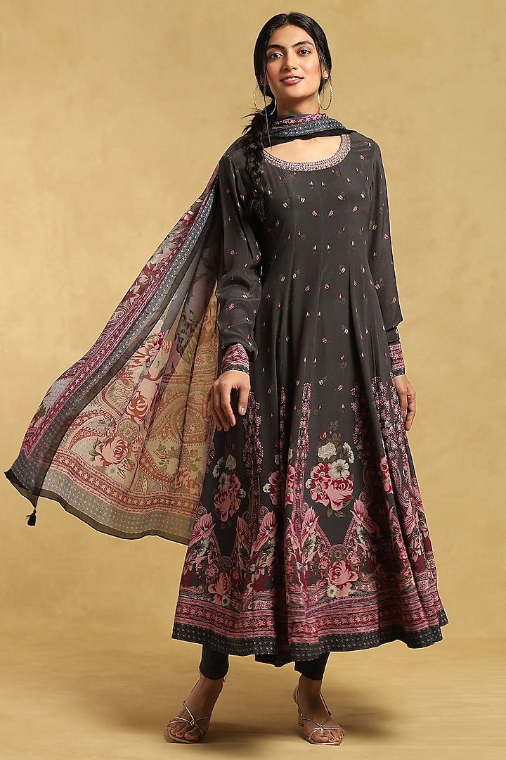 Charcoal Grey & Pink Viscose Embroidered Anarkali Kurta Set by Ritu Kumar