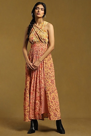 Peach Viscose Printed Dress by Ritu Kumar