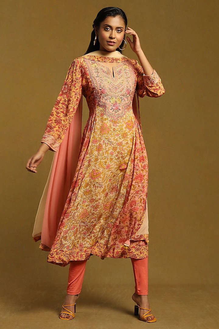 Peach Viscose Embroidered Anarkali Kurta Set by Ritu Kumar