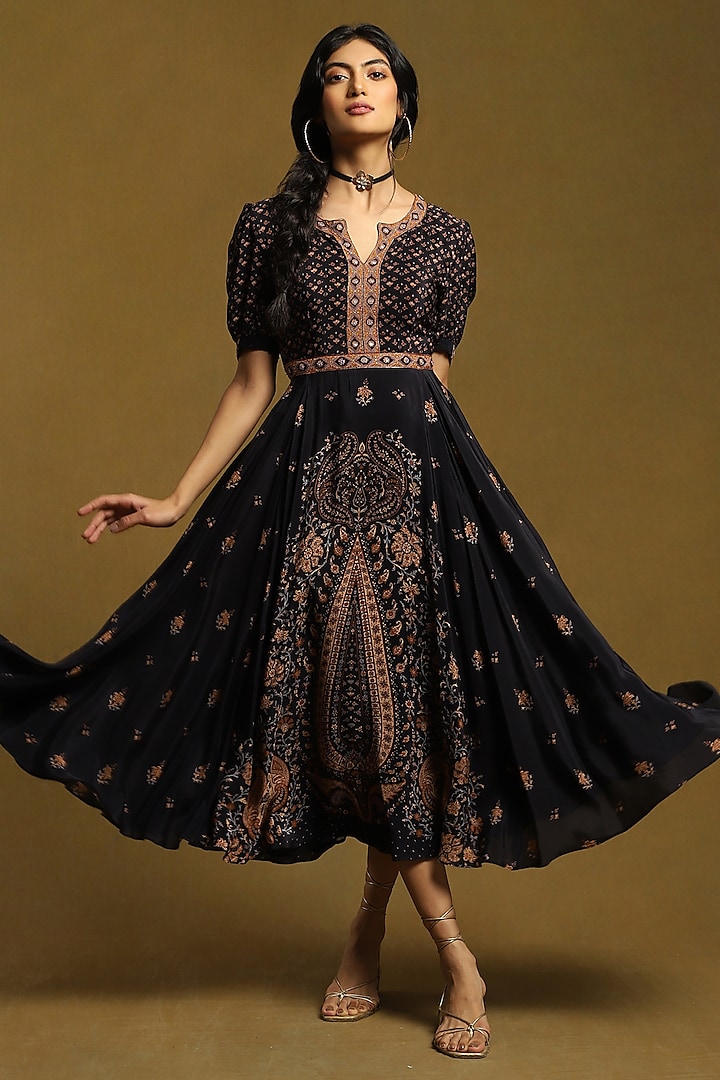 Black & Beige Viscose Embroidered Dress by Ritu Kumar at Pernia's Pop Up Shop