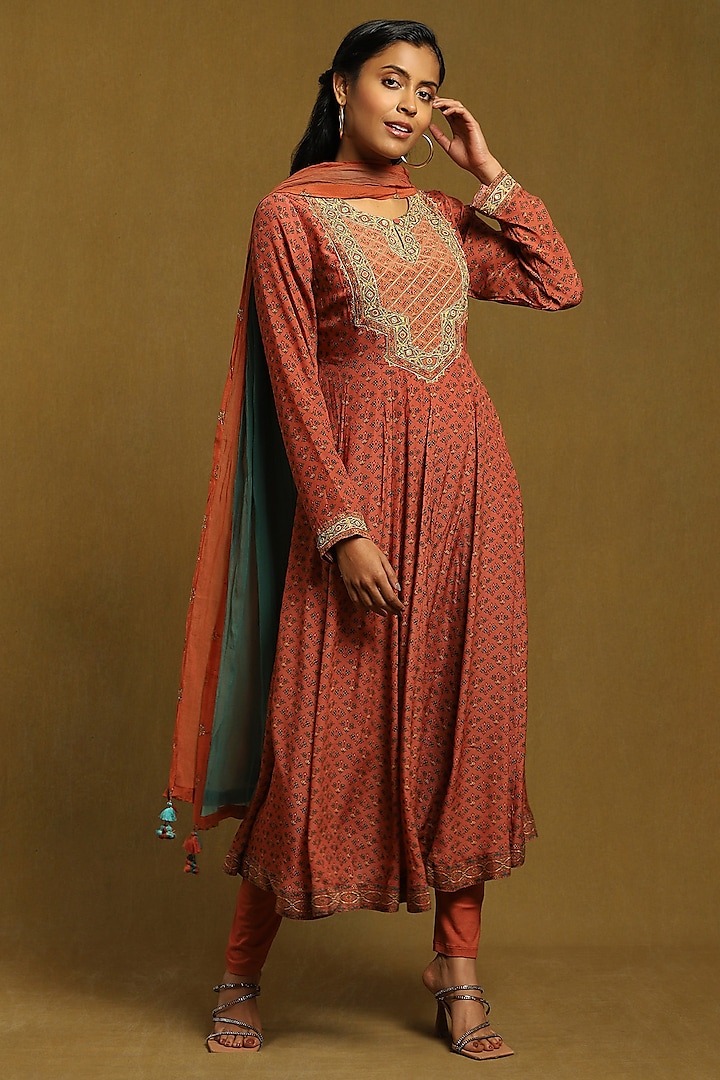 Rust Viscose Embroidered Anarkali Kurta Set by Ritu Kumar