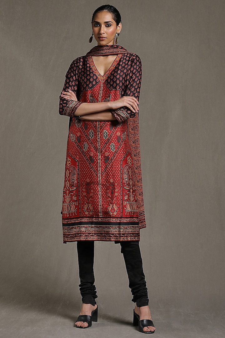 Red & Black Silk Printed Kurta Set by Ritu Kumar