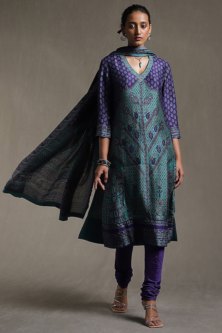 Royal Turquoise Silk Printed Kurta Set by Ritu Kumar