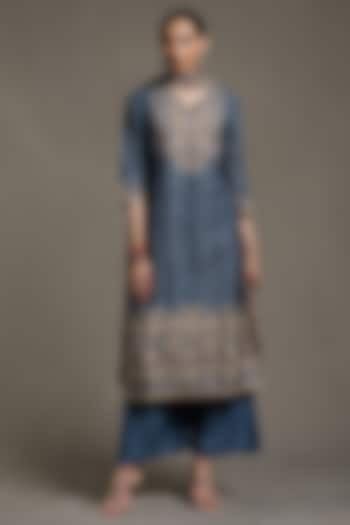 Indigo & Beige Silk Printed Kurta Set by Ritu Kumar