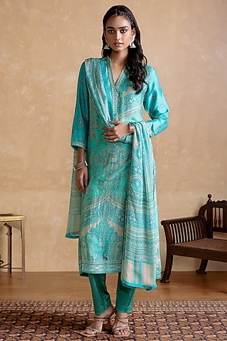 Aqua & Beige Murshidabad Silk Floral Printed Kurta Set by Ritu Kumar