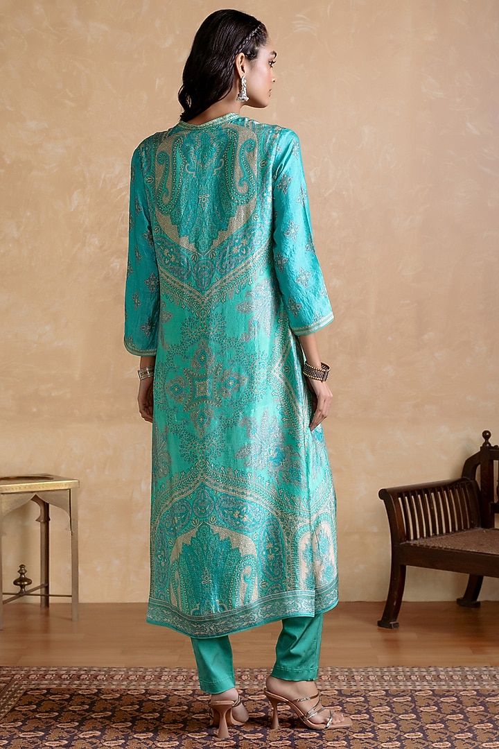 Aqua & Beige Murshidabad Silk Floral Printed Kurta Set by Ritu Kumar at Pernia's Pop Up Shop