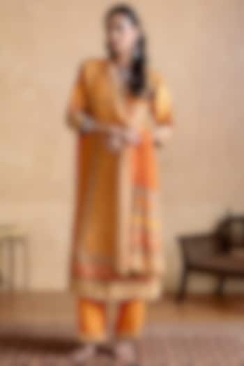 Yellow & Multi-Colored Murshidabad Silk Floral Printed Kurta Set by Ritu Kumar at Pernia's Pop Up Shop