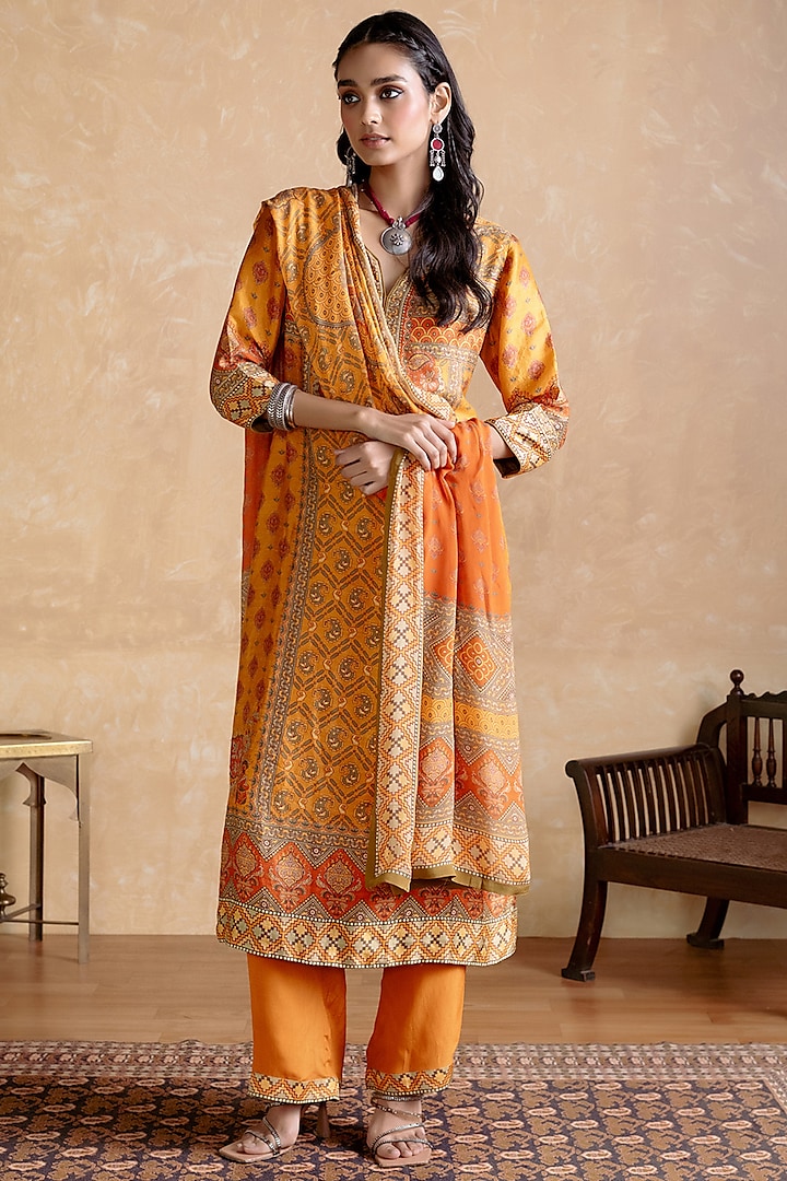 Yellow & Multi-Colored Murshidabad Silk Floral Printed Kurta Set by Ritu Kumar at Pernia's Pop Up Shop