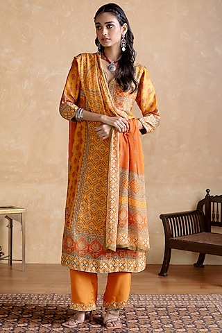 Yellow & Multi-Colored Murshidabad Silk Floral Printed Kurta Set by Ritu Kumar