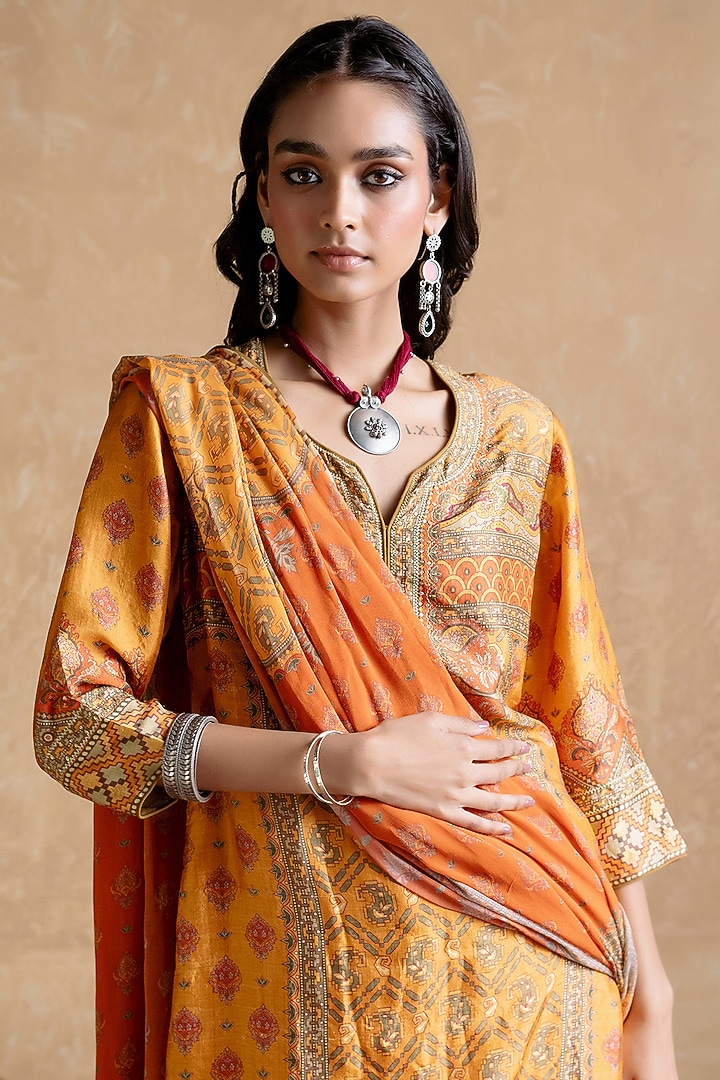 Yellow & Multi-Colored Murshidabad Silk Floral Printed Kurta Set by Ritu Kumar at Pernia's Pop Up Shop