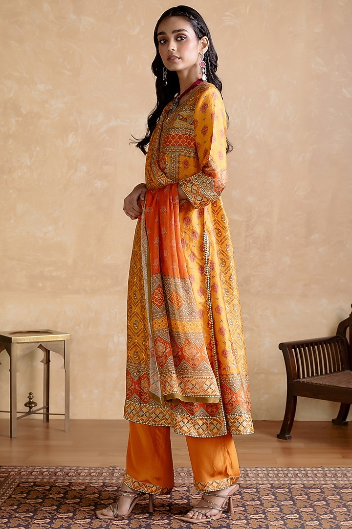 Yellow & Multi-Colored Murshidabad Silk Floral Printed Kurta Set by Ritu Kumar at Pernia's Pop Up Shop
