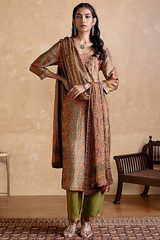 Khaki Murshidabad Silk Floral Printed Kurta Set by Ritu Kumar
