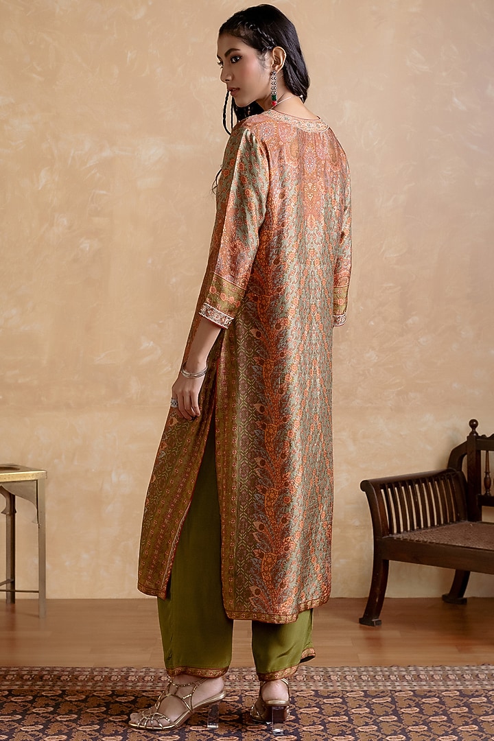 Khaki Murshidabad Silk Floral Printed Kurta Set by Ritu Kumar at Pernia's Pop Up Shop
