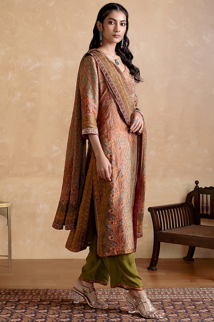 Khaki Murshidabad Silk Floral Printed Kurta Set by Ritu Kumar at Pernia's Pop Up Shop