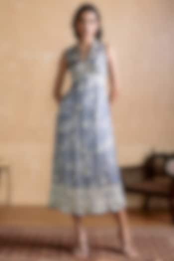 Grey & Off-White Viscose Satin Floral Printed Vacation Dress by Ritu Kumar at Pernia's Pop Up Shop