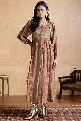 Green Viscose Tabby Floral Printed Dress by Ritu Kumar