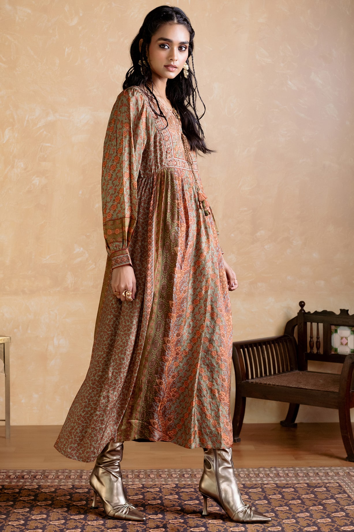 green emerald velvet dress RI Ritu Kumar Green and Mustard Floral Printed Anarkali Suit  Saris and  Things