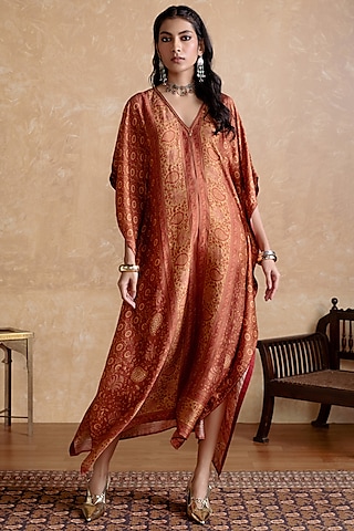 Brick & Pineapple Yellow Silk Printed Kaftan by Ritu Kumar