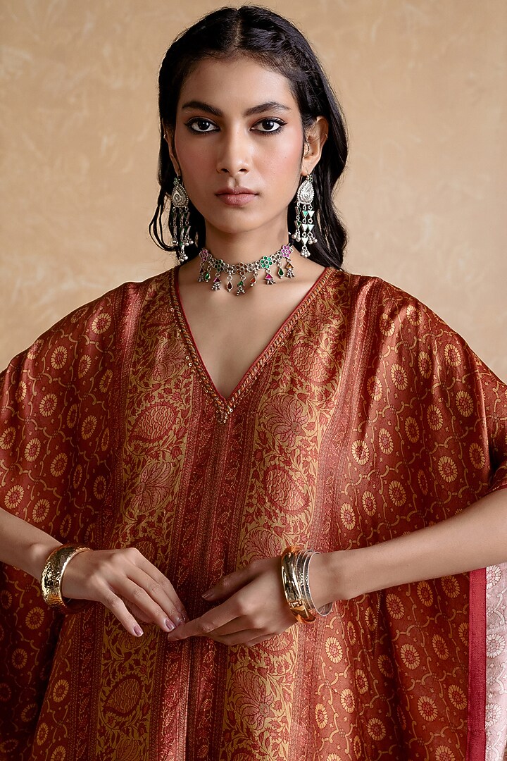 Brick & Pineapple Yellow Silk Printed Kaftan by Ritu Kumar at Pernia's Pop Up Shop