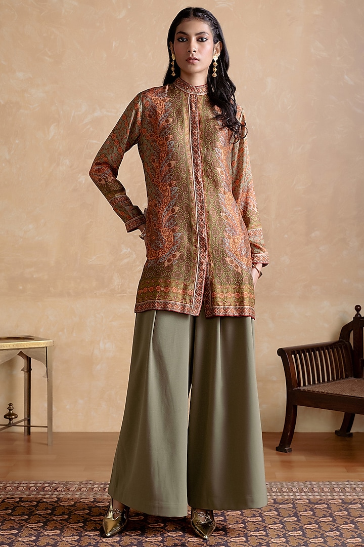 Khaki Murshidabad Silk Floral Printed Kurta by Ritu Kumar at Pernia's Pop Up Shop