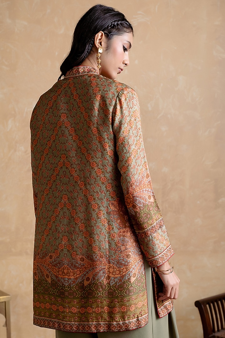 Khaki Murshidabad Silk Floral Printed Kurta by Ritu Kumar at Pernia's Pop Up Shop