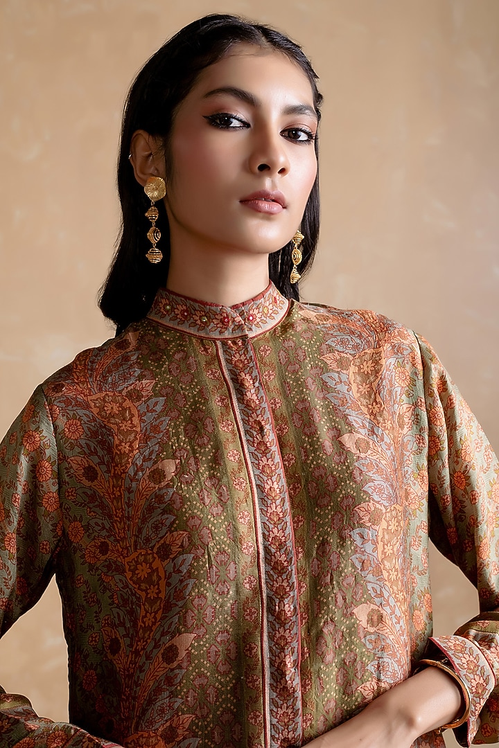 Khaki Murshidabad Silk Floral Printed Kurta by Ritu Kumar at Pernia's Pop Up Shop