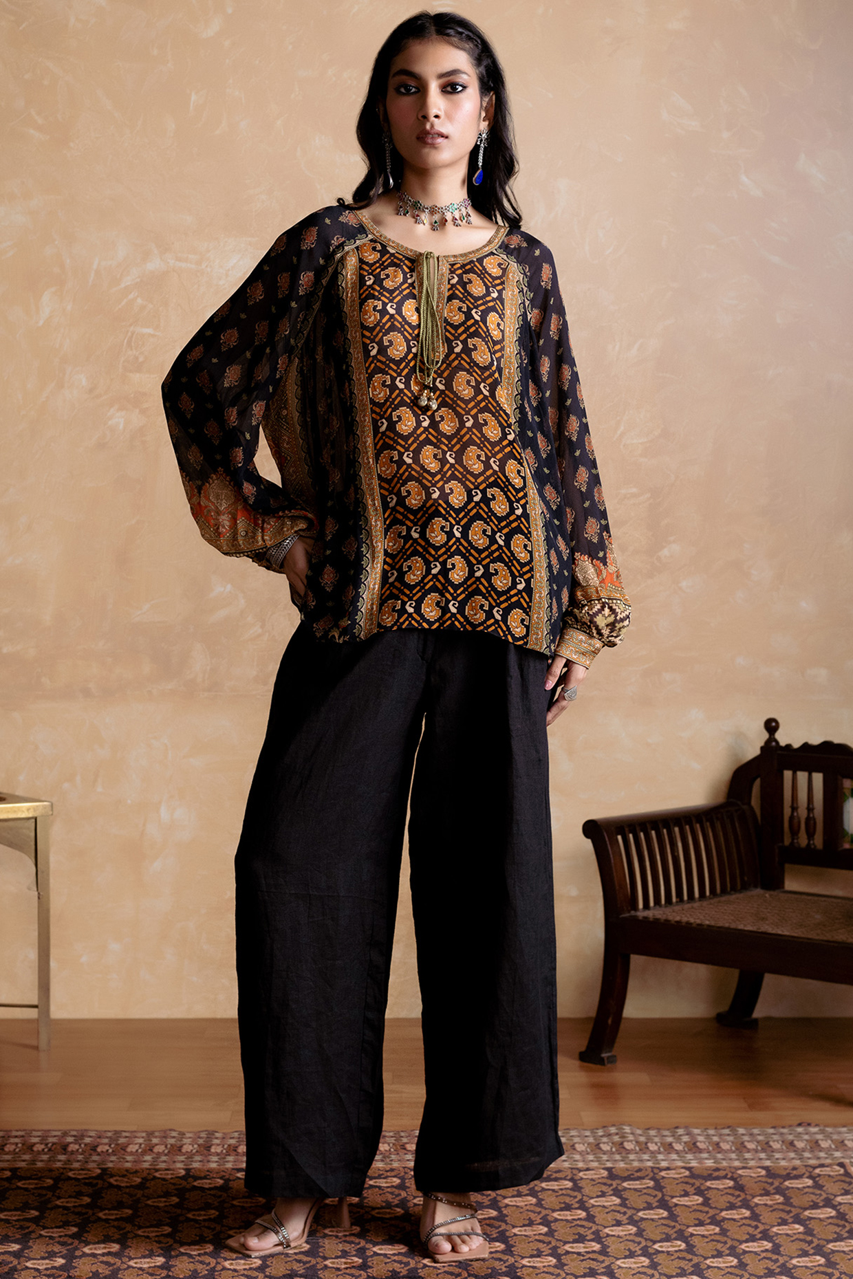 Black & Multi-Colored Viscose Chinon Floral Printed Kurta by Ritu Kumar at Pernia's Pop Up Shop