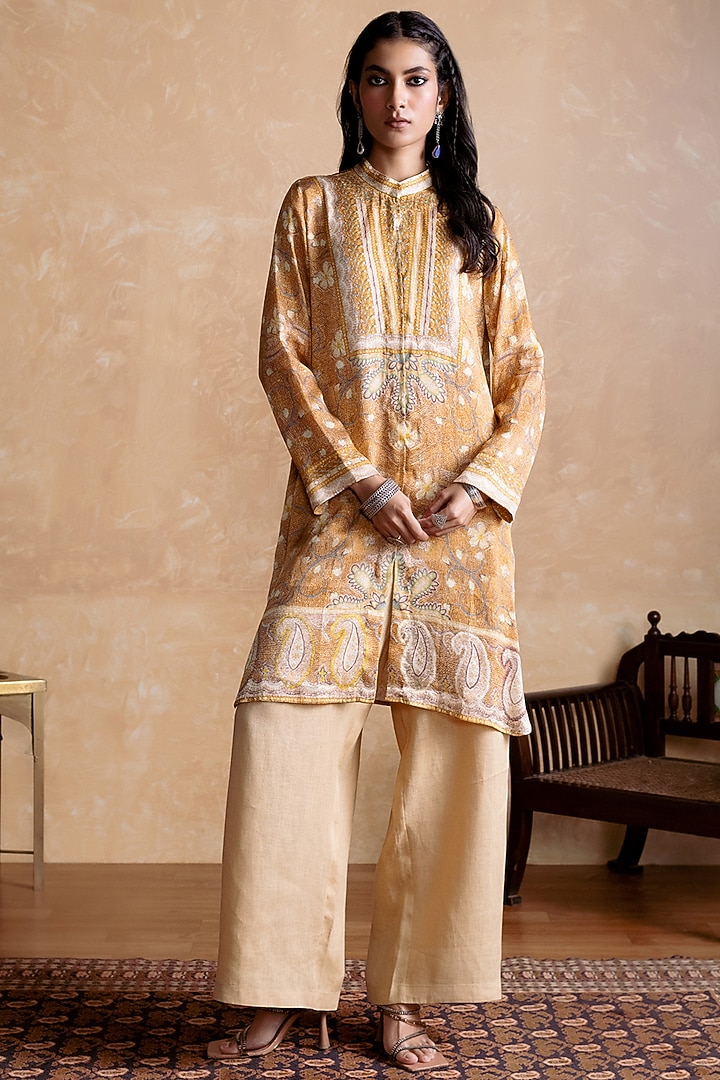 Brown Viscose Satin Floral Printed Kurta by Ritu Kumar at Pernia's Pop Up Shop