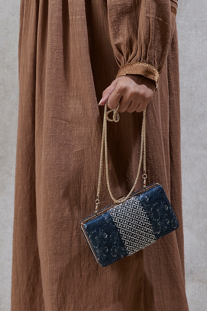 Navy Blue Printed & Embellished Clutch by Ritu Kumar at Pernia's Pop Up Shop