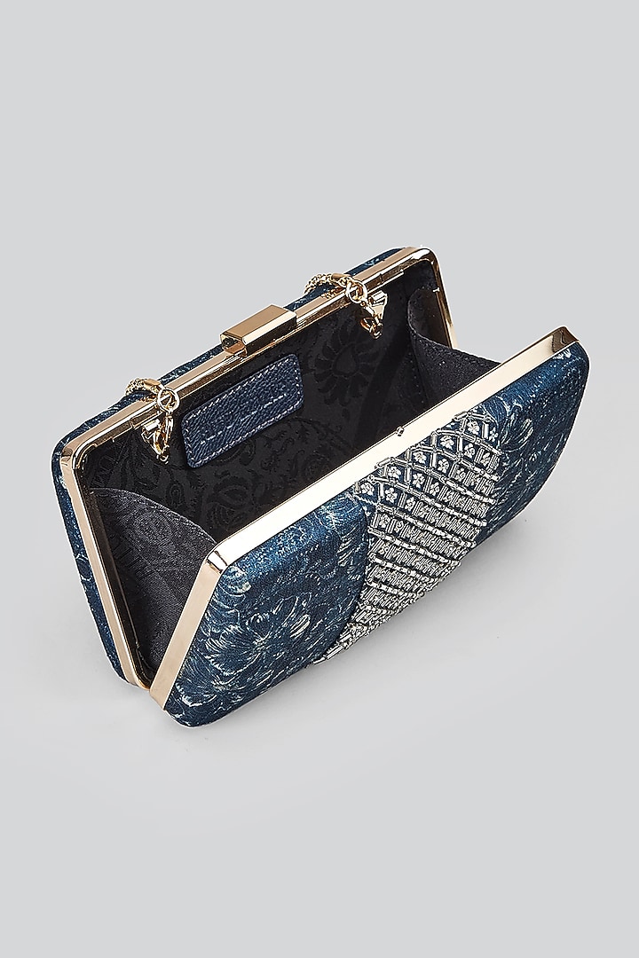 Navy Blue Printed & Embellished Clutch by Ritu Kumar at Pernia's Pop Up Shop