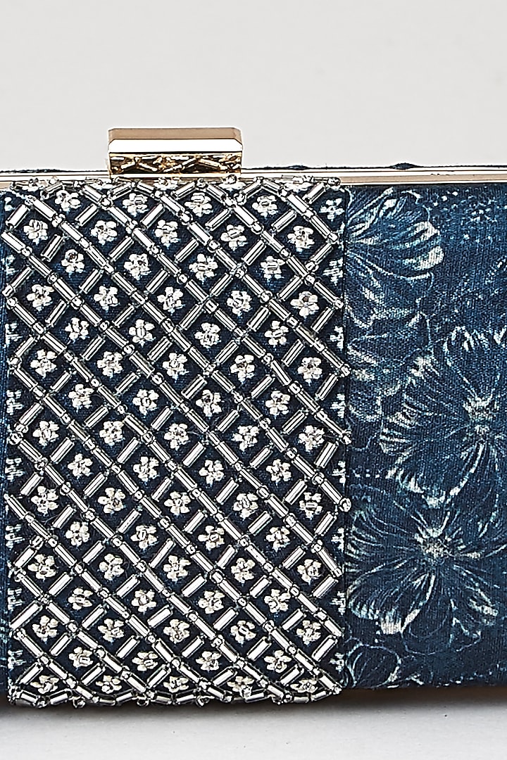 Navy Blue Printed & Embellished Clutch by Ritu Kumar at Pernia's Pop Up Shop