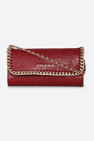 Maroon Printed Rectangle Sling Bag by Ritu Kumar