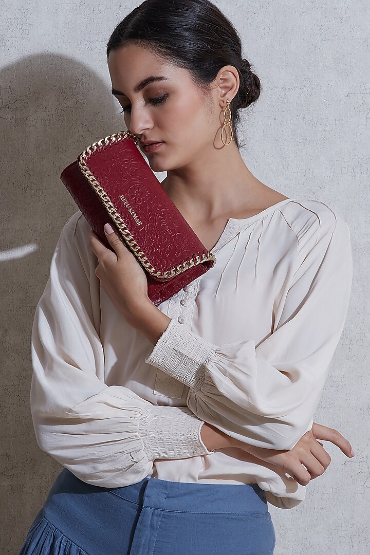 Maroon Printed Rectangle Sling Bag by Ritu Kumar at Pernia's Pop Up Shop