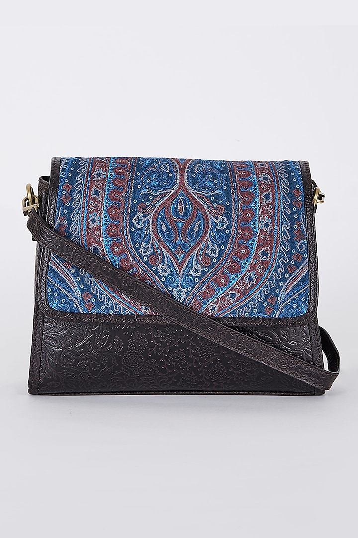 Blue & Brown Embossed Handbag by Ritu Kumar