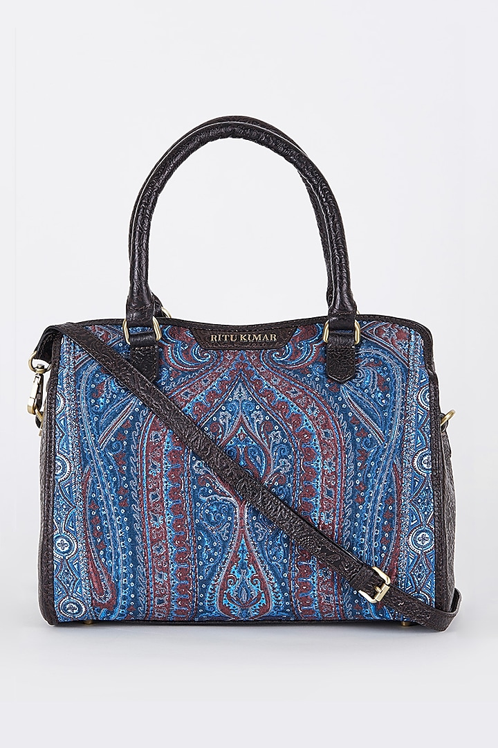 Blue & Brown Leather Embossed Bag by Ritu Kumar