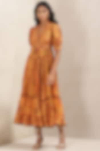 Rust Viscose Jamawar Midi Dress by Ritu Kumar