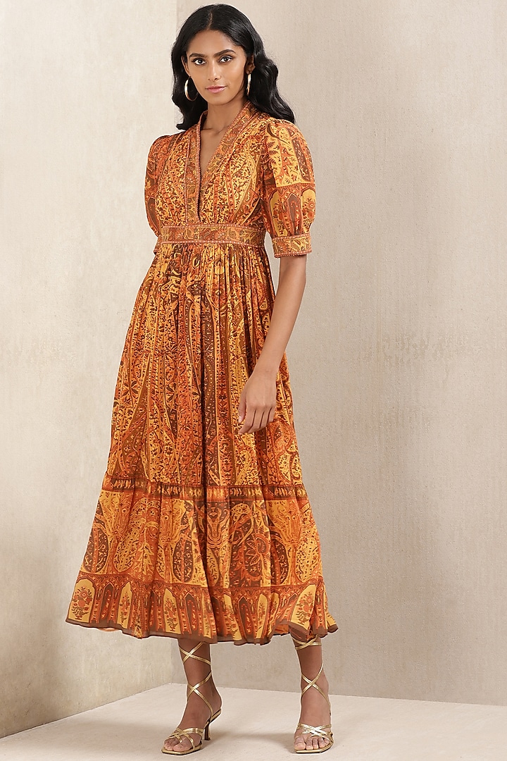 Rust Viscose Jamawar Midi Dress by Ritu Kumar