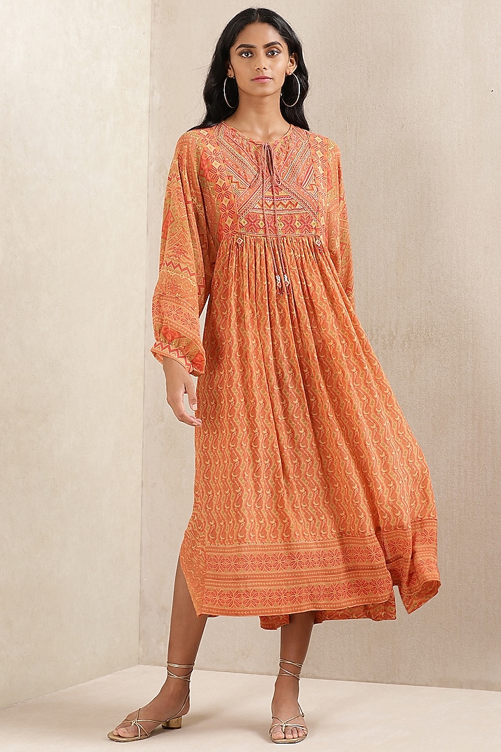 Rust Rayon Printed Dress by Ritu Kumar